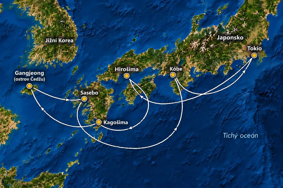 Mapa trasy plavby Jarné Japonsko na MSC Bellissima