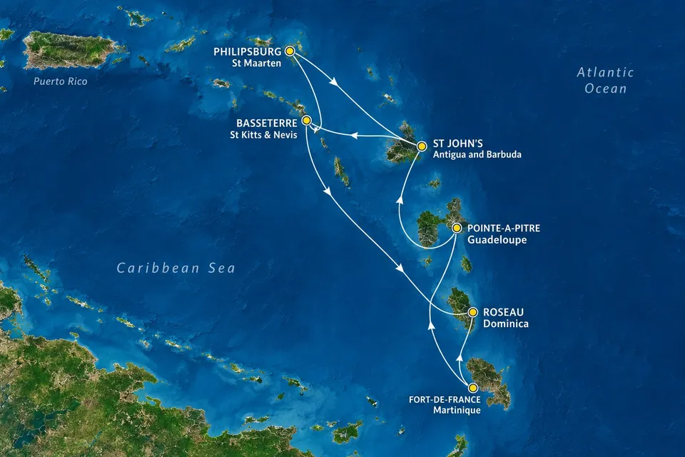 Mapa trasy plavby Karibik, Martinik a Guadalupe