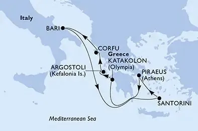 Mapa trasy plavby Grécke ostrovy a talianske Bari