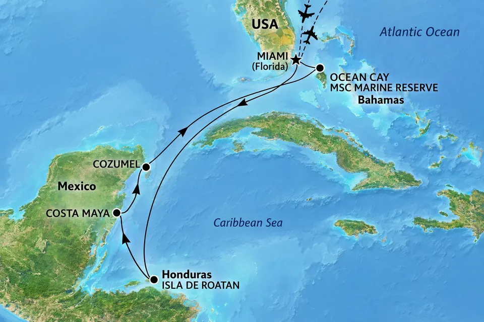 Mapa trasy plavby Miami, Roatan, Mexico s MSC World America