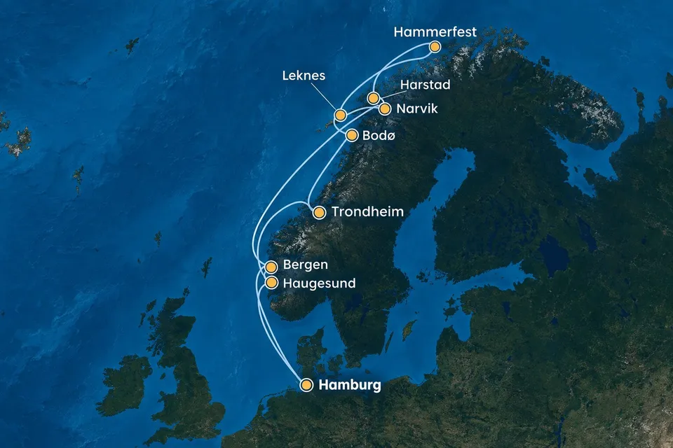 Mapa trasy plavby Polárna žiara v októbri