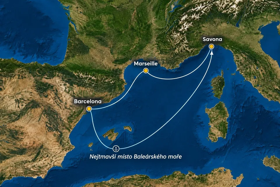 Mapa trasy plavby Jarná plavba po Stredomorí